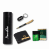 “Travel Love gift hamper with personalized leather wallet, pen, keychain, temperature bottle, and Fogg perfume – premium gift set for men in branded box.”