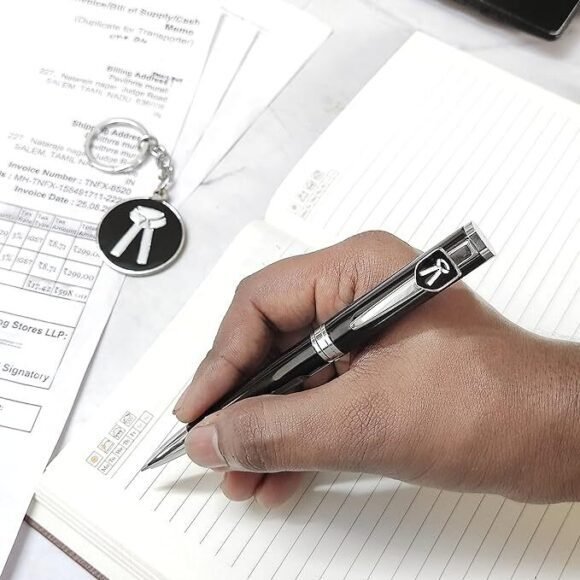 Black and silver personalized pen and keychain set for lawyers or advocates, engraved with name and legal logo, presented in an elegant gift box