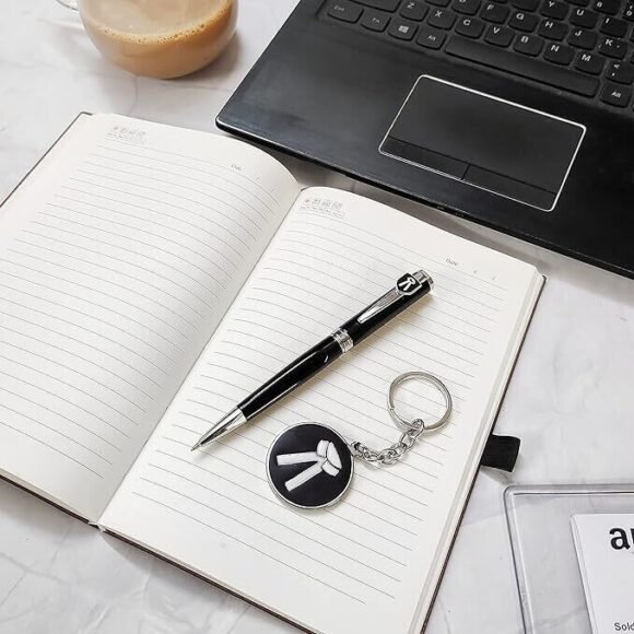 Black and silver personalized pen and keychain set for lawyers or advocates, engraved with name and legal logo, presented in an elegant gift box