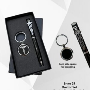Personalized black and silver pen and keychain gift set for doctors, engraved with name and medical logo, elegant metal finish, packed in a premium gift box.