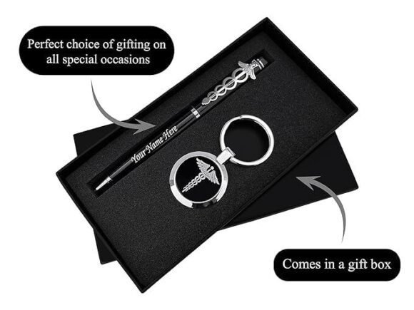 Personalized black and silver pen and keychain gift set for doctors, engraved with name and medical logo, elegant metal finish, packed in a premium gift box.