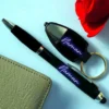 “Personalized LED pen and keychain gift set with name engraving on pen and custom message on keychain – metallic finish with blue ink and LED light.”