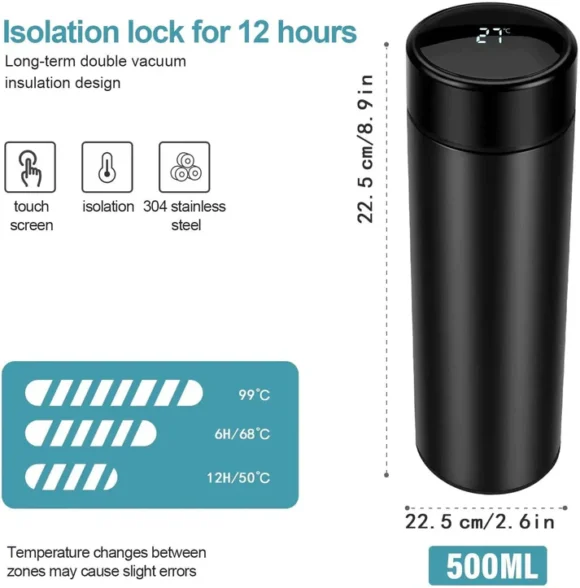 Personalized smart stainless steel vacuum flask with temperature sensor display, 500ml insulated water bottle, BPA-free and leakproof, ideal for gifting, office, gym, and travel use