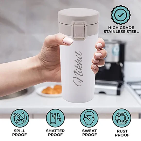 Personalized insulated stainless steel travel mug with push-button lid, leak-proof and spill-proof coffee tumbler, 380ml BPA-free cup that keeps drinks hot for 8 hours and cold for 14 hours, perfect for office, car, or gifting