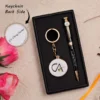 Personalized black and silver pen and keychain gift set for Chartered Accountants with engraved name and CA logo, presented in a premium gift box – ideal professional gift.