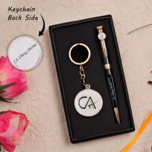 Personalized black and silver pen and keychain gift set for Chartered Accountants with engraved name and CA logo, presented in a premium gift box – ideal professional gift.