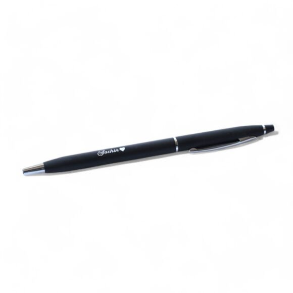 “Custom name engraved black and gold metal pen with gold flakes, soft grip, blue ink – perfect gift for professionals, students, or special occasions.”