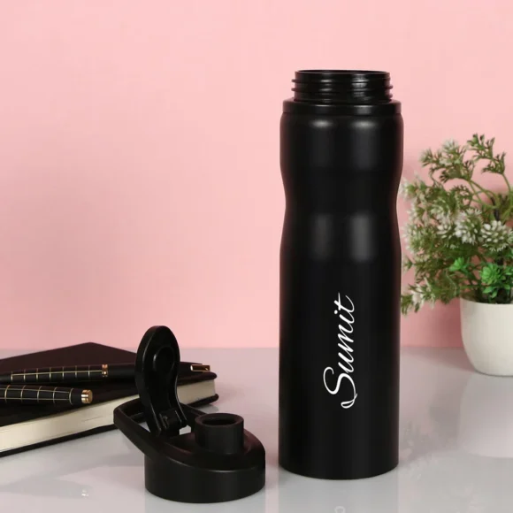 Personalized 750ml stainless steel sipper bottle with metallic matte finish, BPA-free and ergonomic design, ideal for gym, office, travel, and gifting