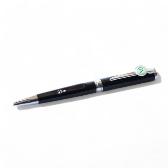Personalized black and gold metal pen with gold flakes, custom name engraved, elegant gift for professionals, birthdays, or corporate events.
