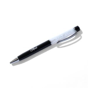 Black and gold personalized metal pen with gold flakes, engraved with name, soft grip, and blue ink – perfect gift for professionals or special occasions.