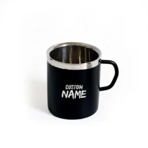 Customized stainless steel mug with name printed, 200ml double-wall unbreakable food-grade mug in black, blue, or pink, perfect for gifting on birthdays, anniversaries, and Valentine's Day