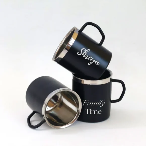 Customized stainless steel mug with name printed, 200ml double-wall unbreakable food-grade mug in black, blue, or pink, perfect for gifting on birthdays, anniversaries, and Valentine's Day