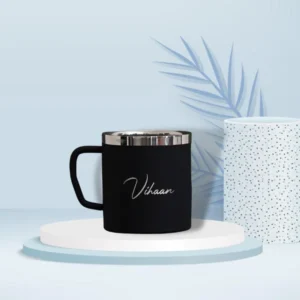 Customized stainless steel mug with name printed, 200ml double-wall unbreakable food-grade mug in black, blue, or pink, perfect for gifting on birthdays, anniversaries, and Valentine's Day