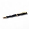 Custom engraved black and gold pen with gold flakes, soft grip, blue ink, ideal for gifting or personal use.