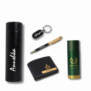 Travel Love Personalized Gift Hamper for men with customized leather wallet, keychain, pen, smart temperature bottle, and Denver perfume in a premium gift box, perfect for birthdays, anniversaries, or romantic gifting