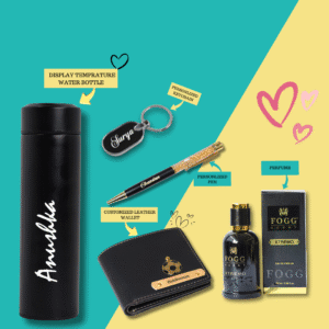 “Personalized men’s gift hamper with leather wallet, pen, keychain, smart temperature bottle, and Fogg perfume in a premium branded box – perfect for birthdays and anniversaries.”