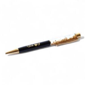 Personalized black and gold metal pen with gold flakes, name engraved, soft grip, medium point, and blue ink – elegant gift for professionals or personal use.