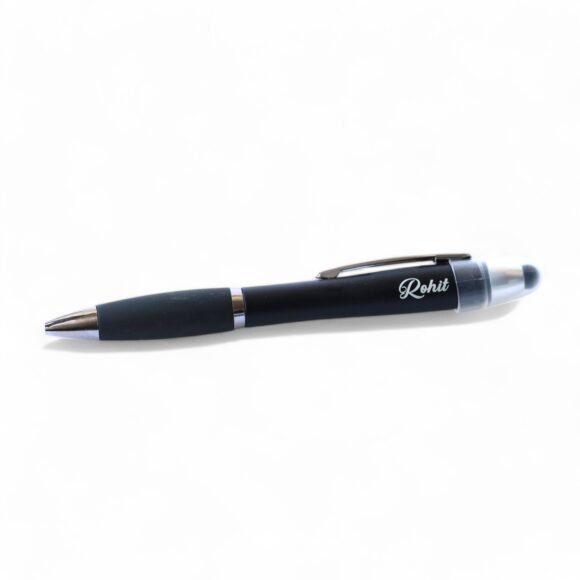 “Custom engraved black and gold metal pen with gold flakes, soft grip, and blue ink – elegant and personalized gift for professionals or loved ones.”