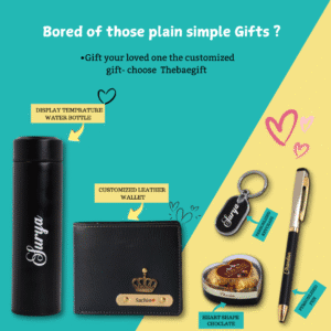“Personalized men’s gift hamper with leather wallet, pen, keychain, smart bottle, and heart-shaped chocolate in a premium gift box – perfect for birthdays or romantic gifting.”