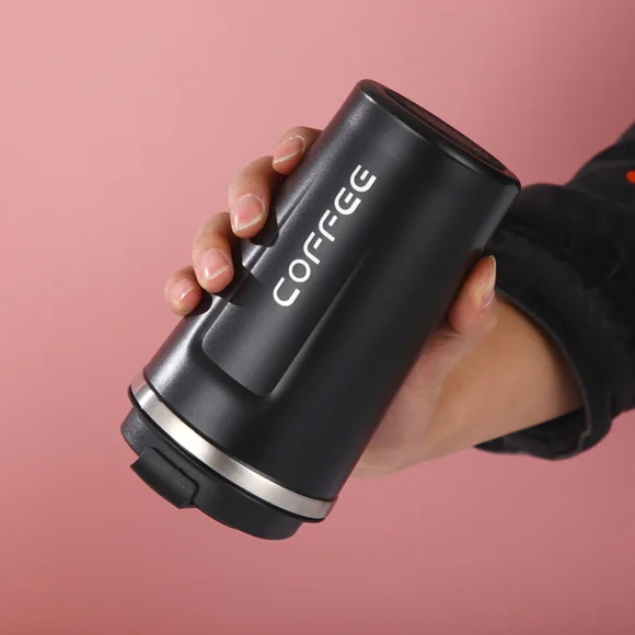 Stainless steel smart coffee mug with LED temperature display, 510ml vacuum insulated travel mug with flip sipper lid, leakproof and BPA-free, ideal for office, car, or gifting
