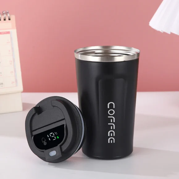 Stainless steel smart coffee mug with LED temperature display, 510ml vacuum insulated travel mug with flip sipper lid, leakproof and BPA-free, ideal for office, car, or gifting
