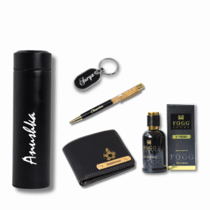 “Personalized men’s gift hamper with leather wallet, pen, keychain, smart temperature bottle, and Fogg perfume in a premium branded box – perfect for birthdays and anniversaries.”