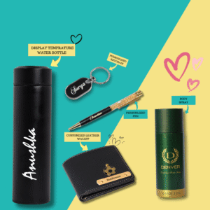 Travel Love Personalized Gift Hamper for men with customized leather wallet, keychain, pen, smart temperature bottle, and Denver perfume in a premium gift box, perfect for birthdays, anniversaries, or romantic gifting