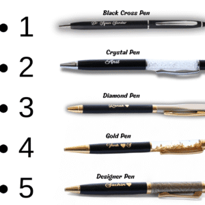 Personalized black and gold metal pen with gold flakes, custom name engraved, soft grip, blue ink – premium writing gift for professionals.
