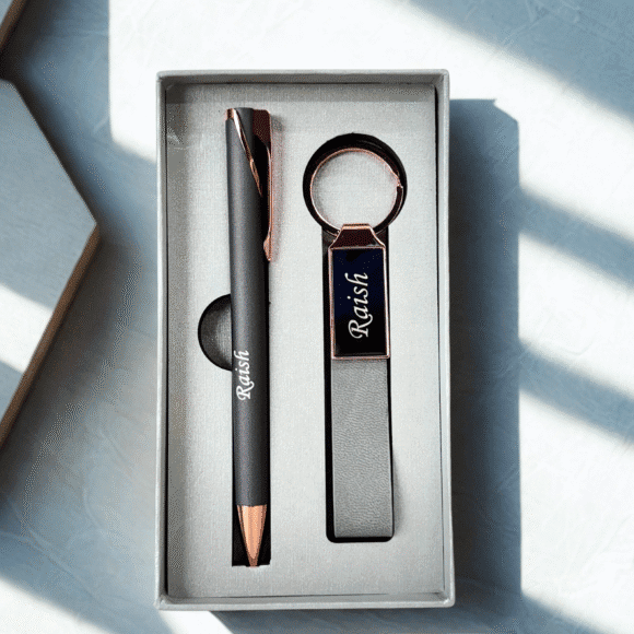 “Luxury matte black and rose gold pen and keychain gift set in premium grey presentation box – elegant gift for professionals or corporate use.”