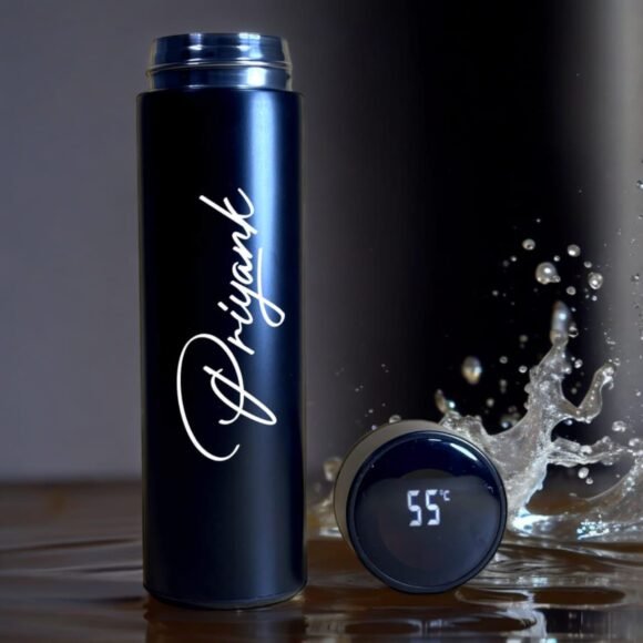 Personalized 500ml stainless steel vacuum insulated flask with smart temperature display, BPA-free and leakproof, ideal for hot and cold drinks, gym, office, travel, and gifting