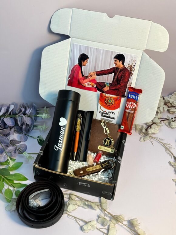 Personalised customised Raksha Bandhan gift for brother – wallet, keychain, chocolates & Rakhi set