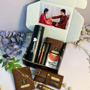 Personalised customised Raksha Bandhan gift for brother – wallet, keychain, chocolates & Rakhi set