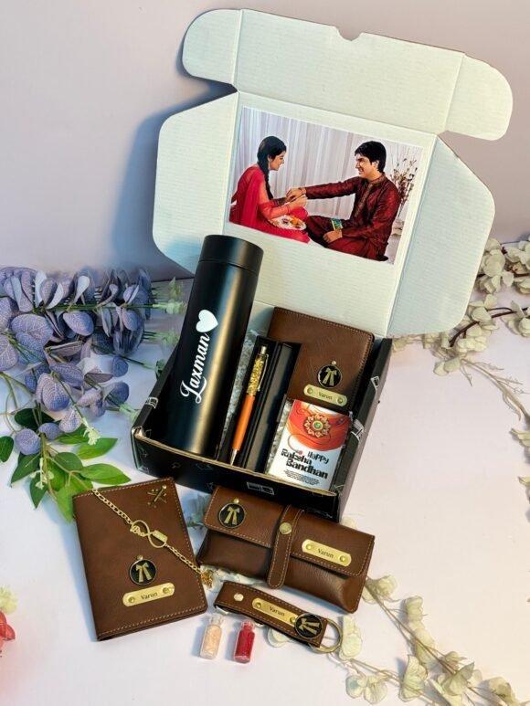 Personalised customised Raksha Bandhan gift for brother – wallet, keychain, chocolates & Rakhi set
