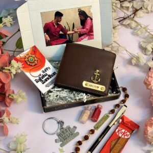 Personalised customised Raksha Bandhan gift for brother – wallet, keychain, chocolates & Rakhi set