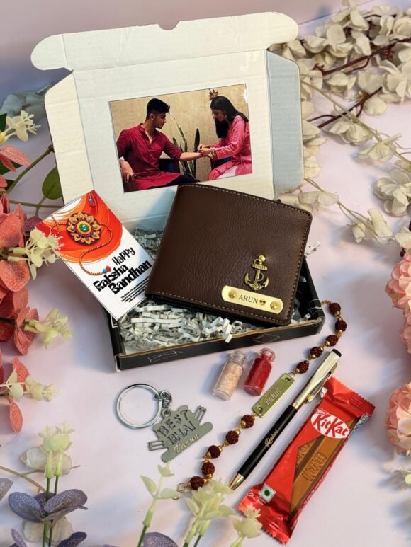 Personalised customised Raksha Bandhan gift for brother – wallet, keychain, chocolates & Rakhi set