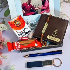 Personalised customised Raksha Bandhan gift for brother – wallet, keychain, chocolates & Rakhi set