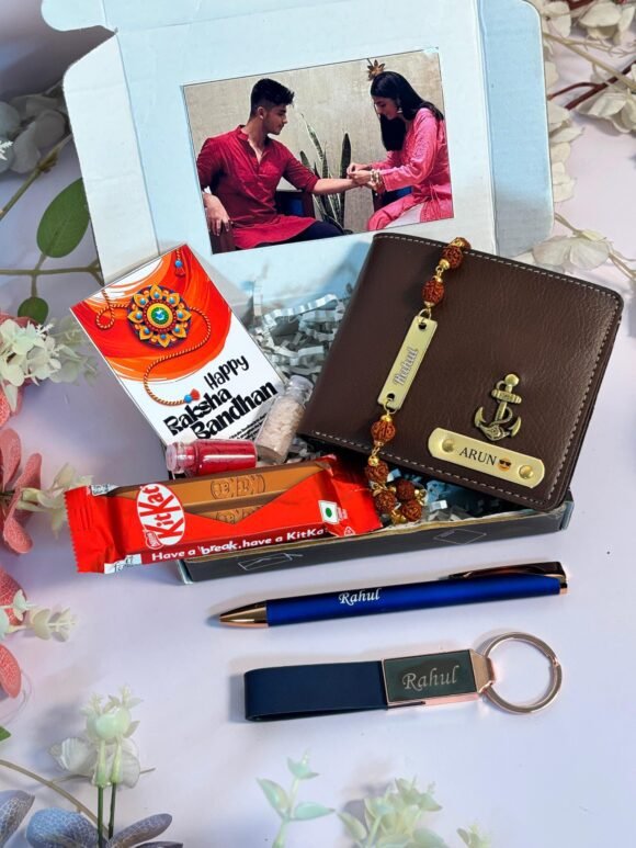 Personalised customised Raksha Bandhan gift for brother – wallet, keychain, chocolates & Rakhi set