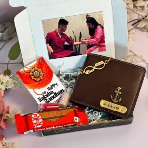 Personalised customised Raksha Bandhan gift for brother – wallet, keychain, chocolates & Rakhi set