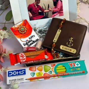 Personalised customised Raksha Bandhan gift for brother – wallet, keychain, chocolates & Rakhi set