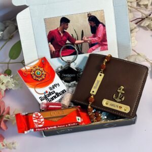 Personalised customised Raksha Bandhan gift for brother – wallet, keychain, chocolates & Rakhi set
