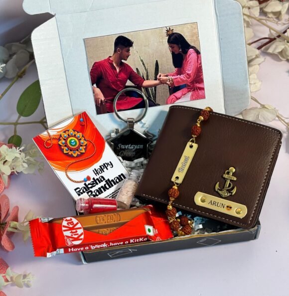 Personalised customised Raksha Bandhan gift for brother – wallet, keychain, chocolates & Rakhi set