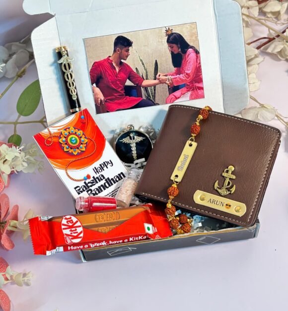 Personalised customised Raksha Bandhan gift for brother – wallet, keychain, chocolates & Rakhi set