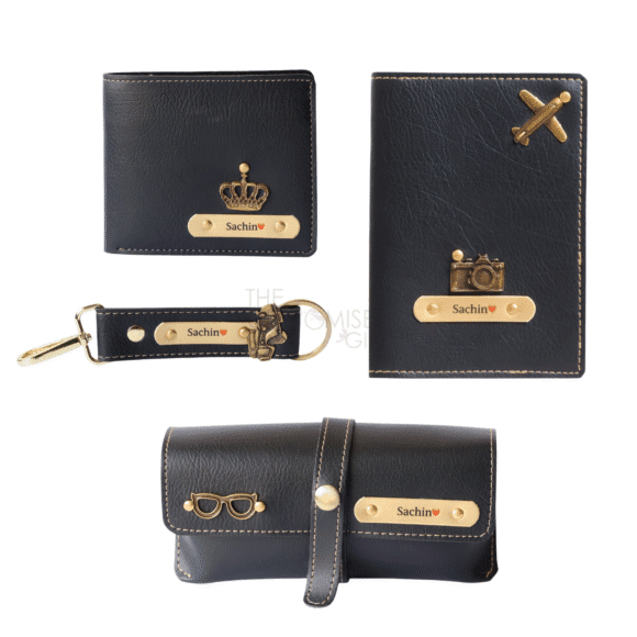 “Personalized men’s gift hamper with leather wallet, pen, keychain, temperature sensor bottle, and Fogg perfume in a premium gift box – ideal for birthdays or anniversaries.”