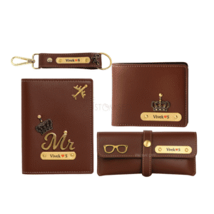 “Personalized men’s gift hamper with leather wallet, pen, keychain, temperature sensor bottle, and Fogg perfume in a premium gift box – ideal for birthdays or anniversaries.”