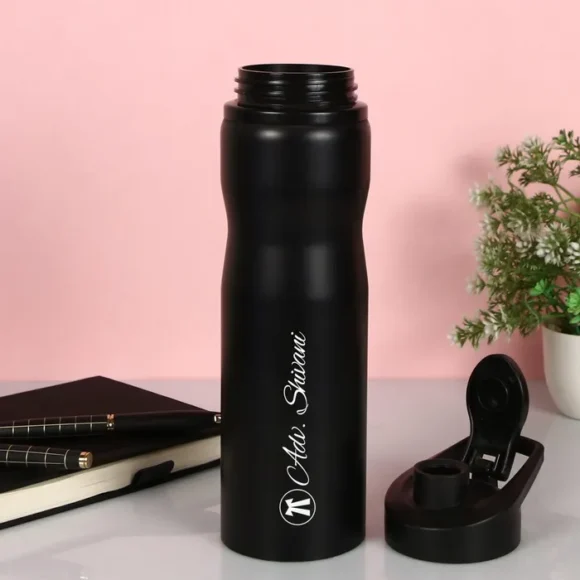 Personalized 750ml stainless steel sipper bottle with metallic matte finish, BPA-free and ergonomic design, ideal for gym, office, travel, and gifting