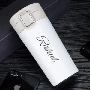 Personalized insulated stainless steel travel mug with push-button lid, leak-proof and spill-proof coffee tumbler, 380ml BPA-free cup that keeps drinks hot for 8 hours and cold for 14 hours, perfect for office, car, or gifting