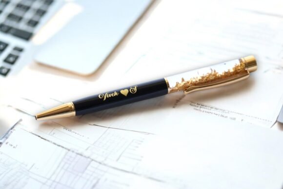 Personalized black and gold metal pen with gold flakes, name engraved, soft grip, medium point, and blue ink – elegant gift for professionals or personal use.