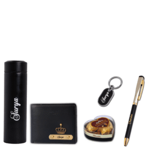 “Personalized men’s gift hamper with leather wallet, pen, keychain, smart bottle, and heart-shaped chocolate in a premium gift box – perfect for birthdays or romantic gifting.”