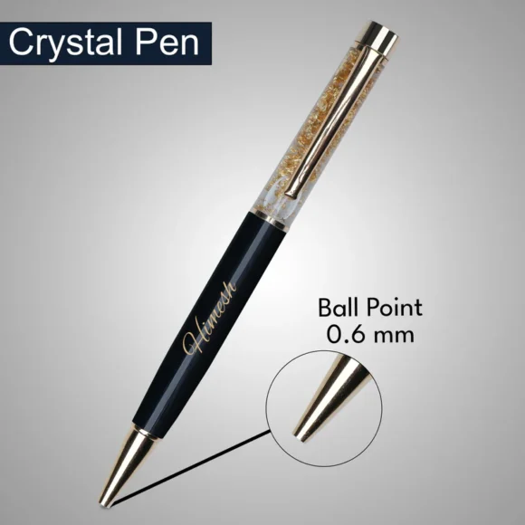 Personalized black and gold metal pen with gold flakes, name engraved, soft grip, medium point, and blue ink – elegant gift for professionals or personal use.