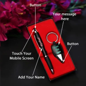 “Personalized LED pen and keychain gift set with name engraving on pen and custom message on keychain – metallic finish with blue ink and LED light.”